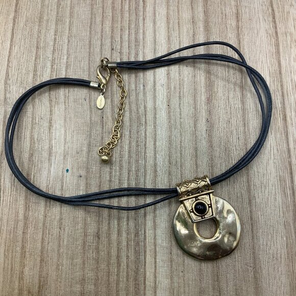 Chico's Vintage Style Gold Tone Disc Multi Leather Cord Necklace - Picture 3 of 7